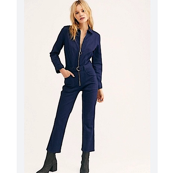 Free People New 3x1 Flare Denim Jumpsuit Boot 70s Boho Utility Kick Crop - Picture 1 of 17